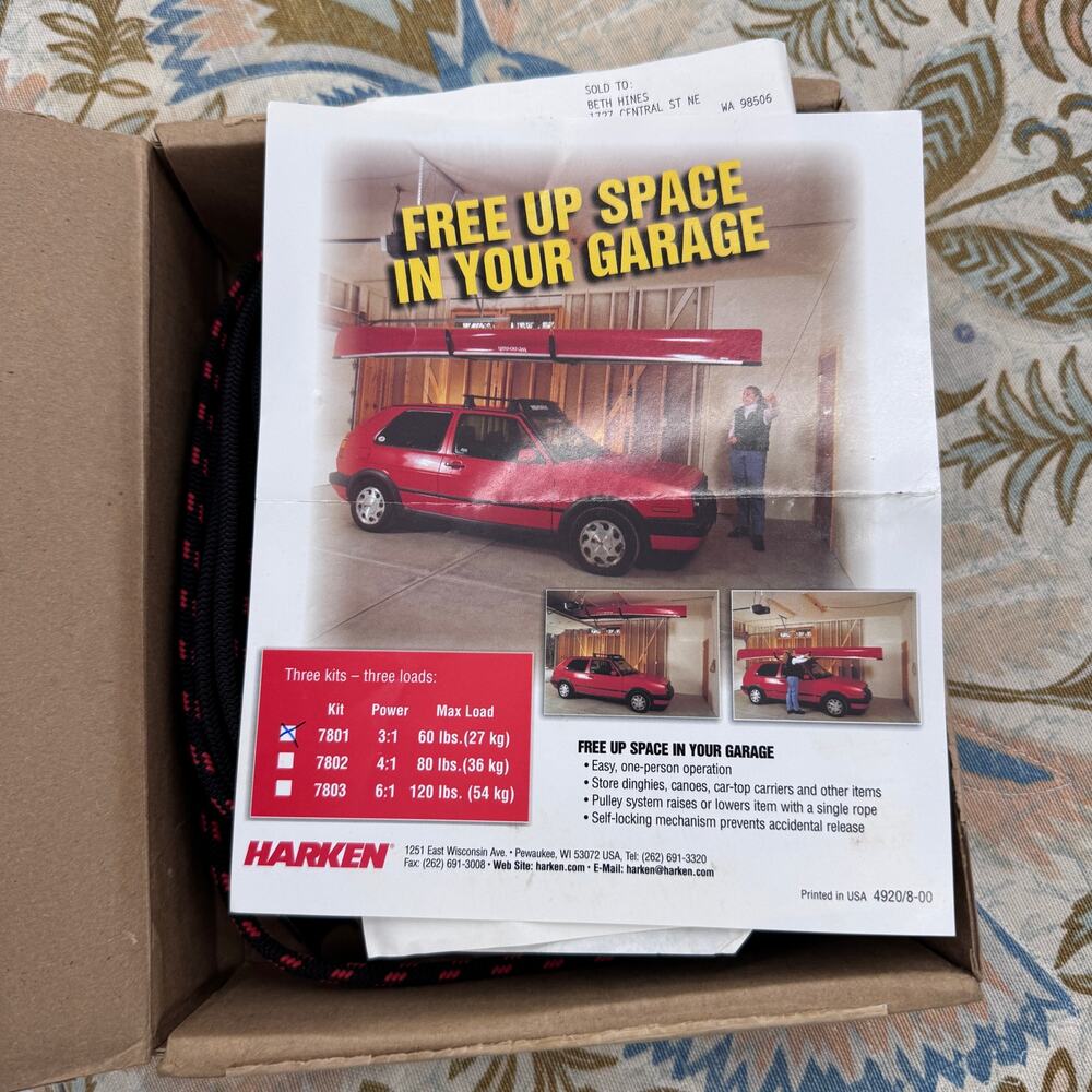 Harken Hoister 7801B 4‎ Point Garage Storage Hoist 60 lb Kayak Canoe